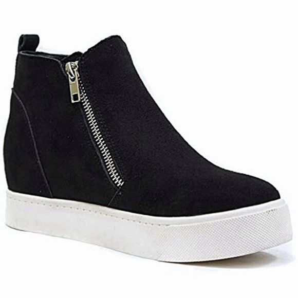 New Black Zipper Hidden Wedge High Top Sneakers - Picture 2 of 3